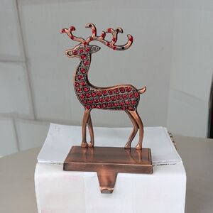 Reindeer Holiday Decor Stocking Holder W/ Red Rhinestones Bronze Finish Unique